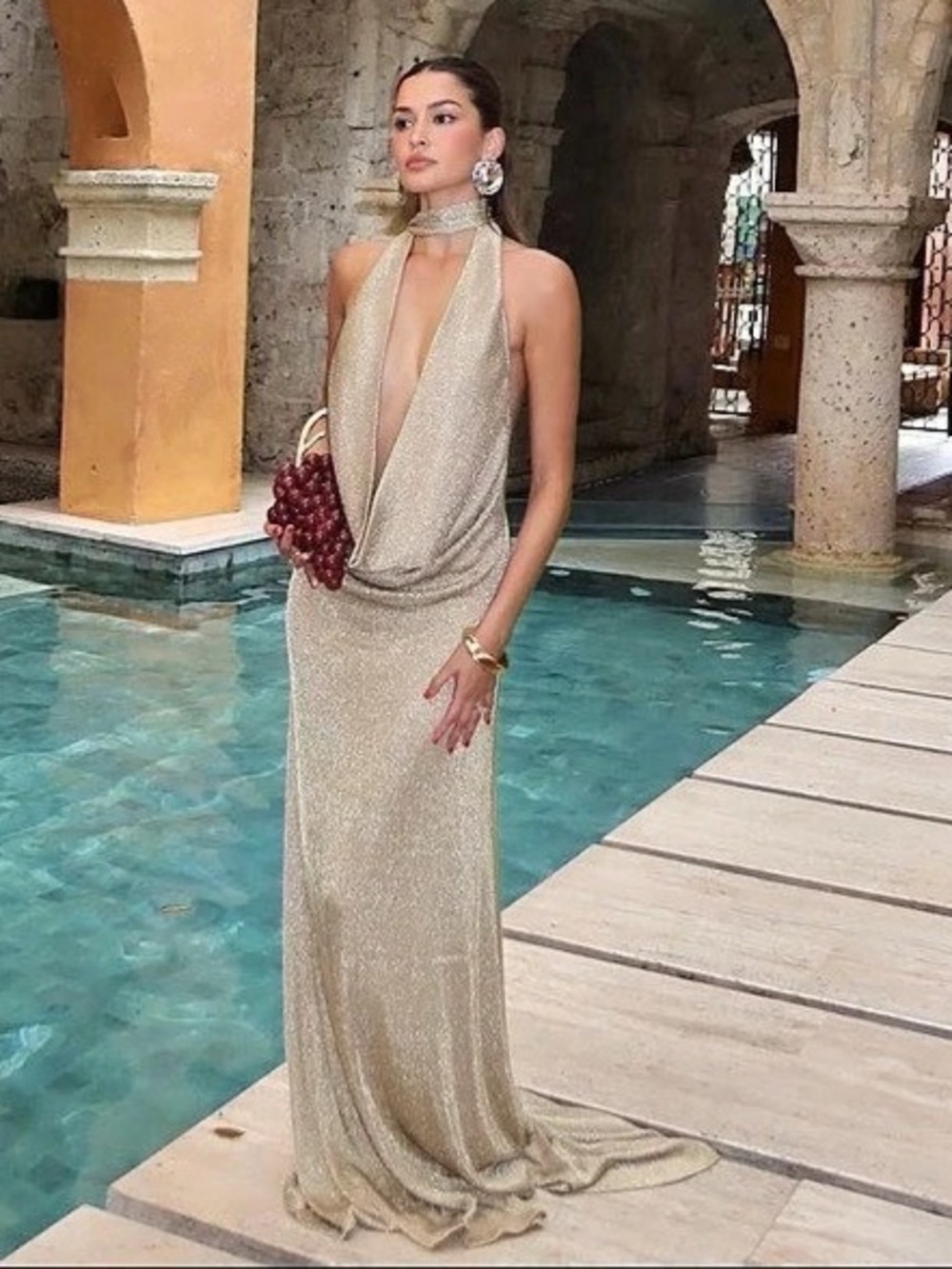Arcina Ori Kaia Dress Gold Draped Maxi Dress in Brown